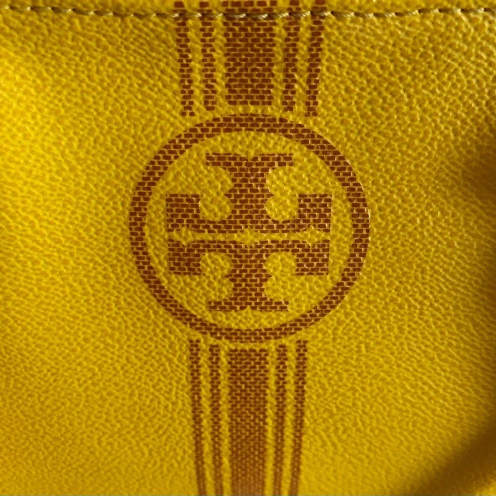 TORY BURCH. Yellow Leather Pebbled Roslyn‎ bag w/ stripes & a Logo accent.